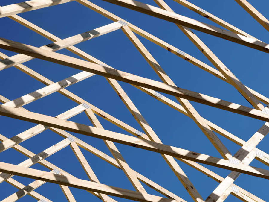 Roof trusses framed against a clear sky on a Good Wood job